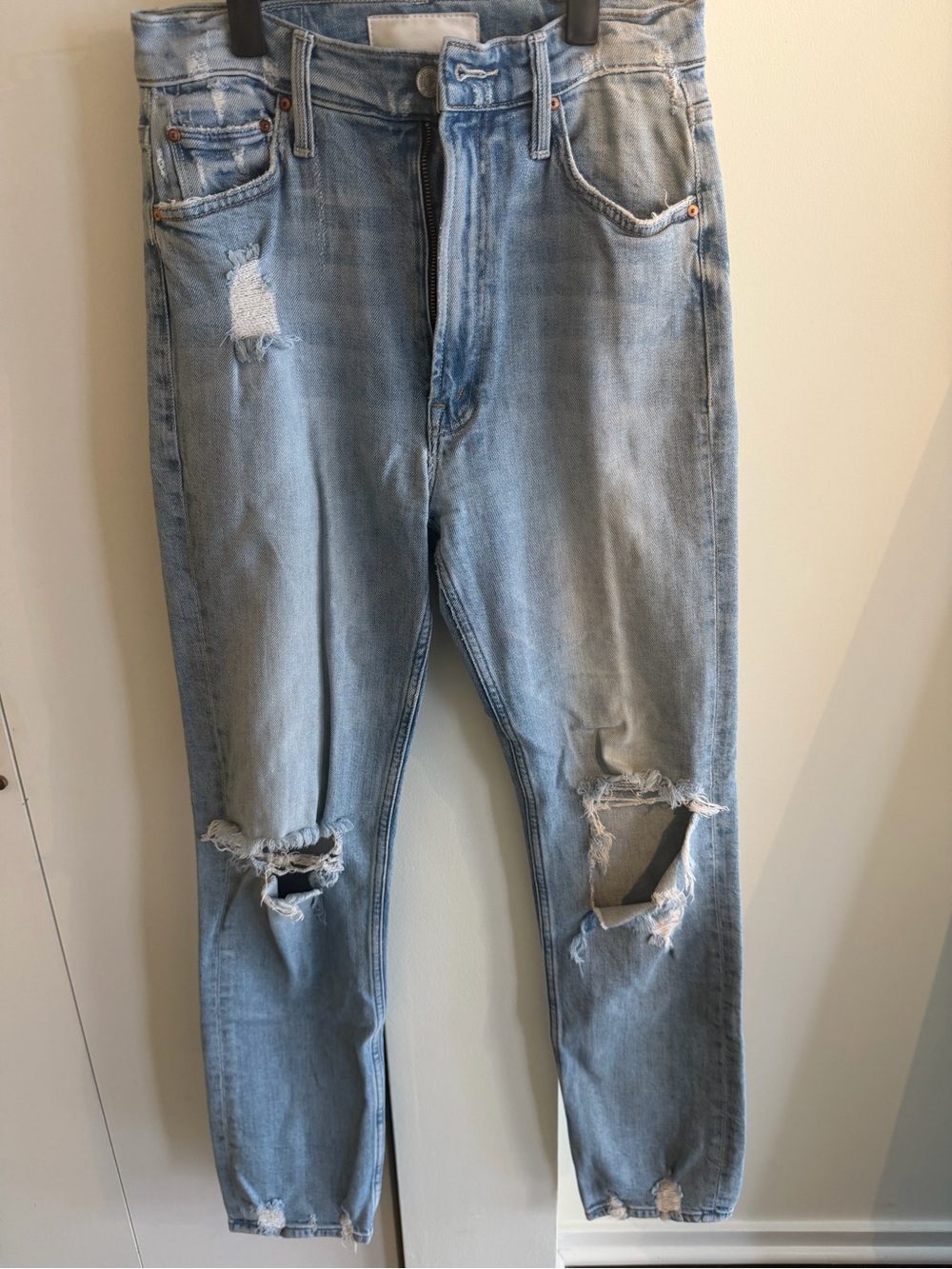 MOTHER Light Blue Distressed Straight Leg Jeans
